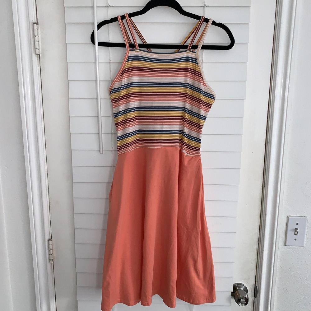 Pact Organic Cotton Strappy Midi Dress Large Striped Coral Peach Sun Dress